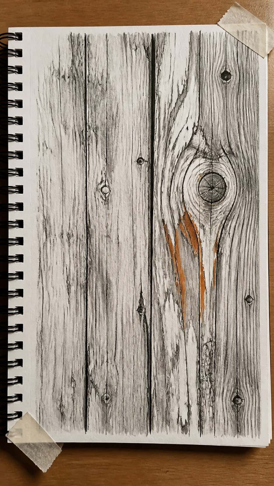 30 Grunge Drawing Ideas for Real Depth and Texture 39 Hand-drawn distressed wood in mixed-media hand drawing on textured paper, shown in a close overhead crop — study 2