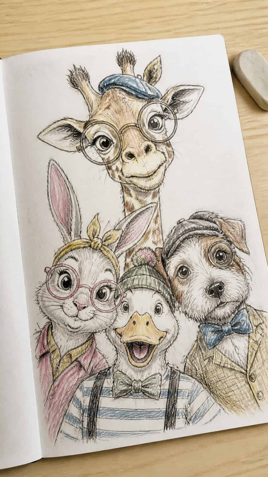 Hand-drawn whimsical animal faces in ink and colored-pencil drawing on textured paper, shown in a slightly off-center overhead — study 1