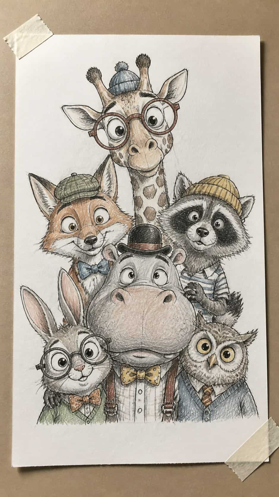 Hand-drawn whimsical animal faces in ink and colored-pencil drawing on textured paper, shown in a straight overhead view — study 2