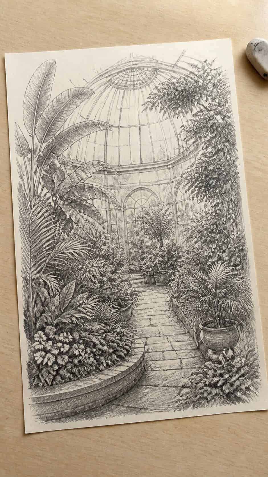 Hand-drawn botanical gardens in graphite drawing on textured paper, shown in a slightly off-center overhead composition, like an — study 2