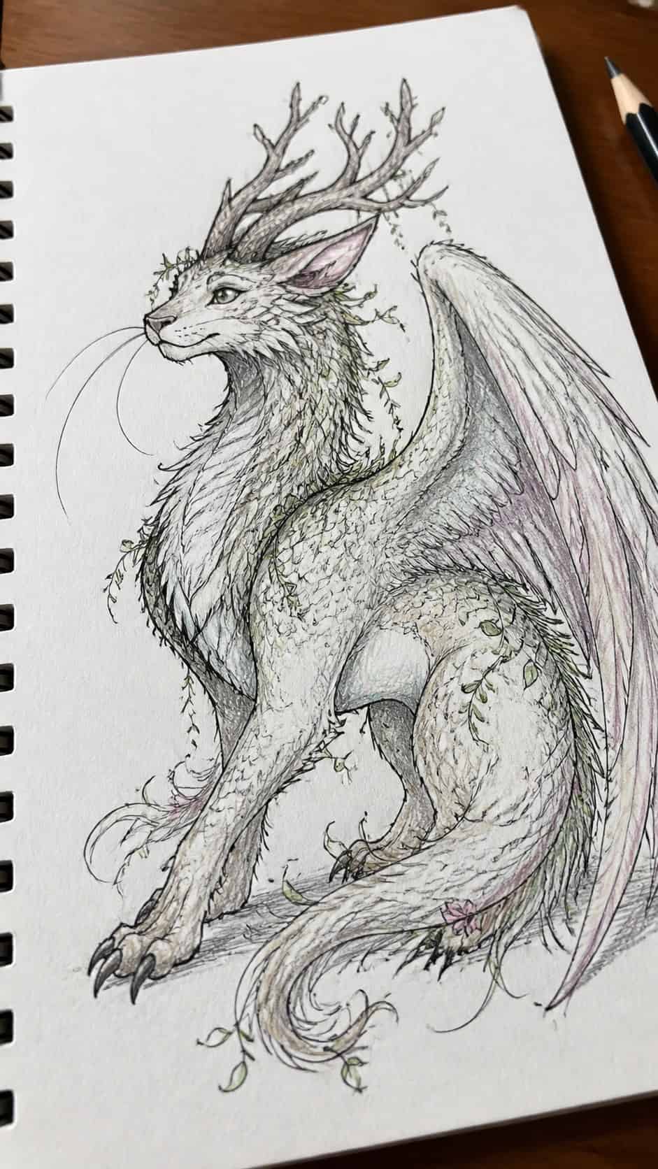 Hand-drawn fantasy creatures in ink and colored-pencil drawing on textured paper, shown in a gentle oblique desk view that shows paper — study 1