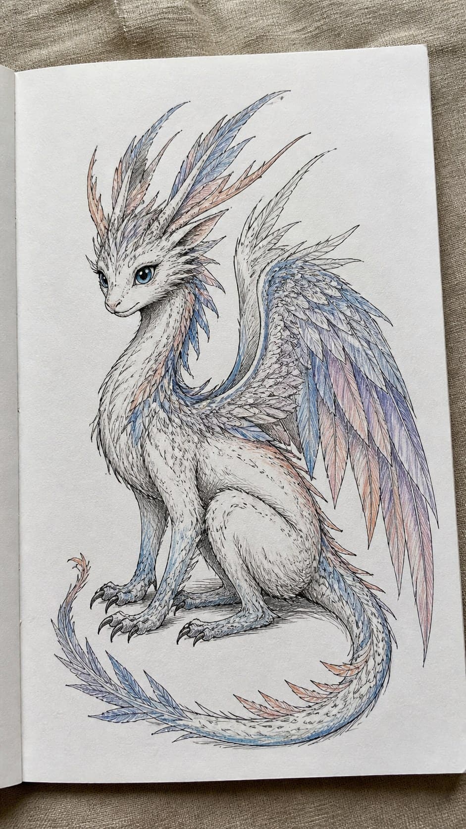 Hand-drawn fantasy creatures in ink and colored-pencil drawing on textured paper, shown in a close overhead crop — study 2