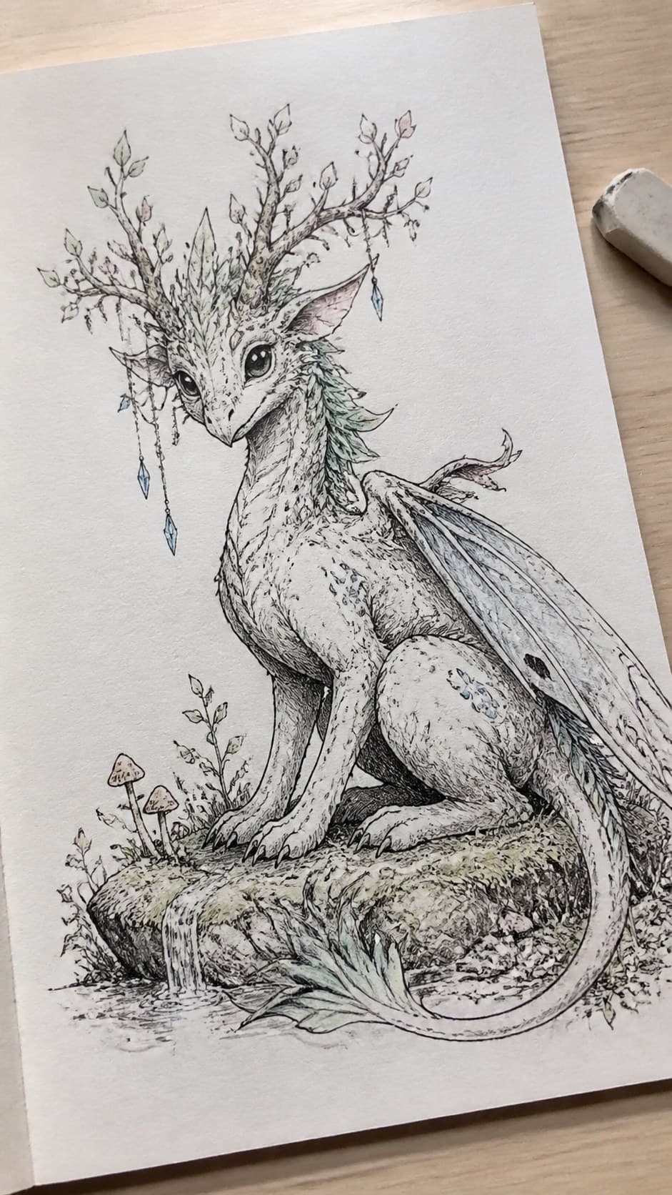 Hand-drawn fantasy creatures in ink and colored-pencil drawing on textured paper, shown in a slightly off-center overhead composition — study 3