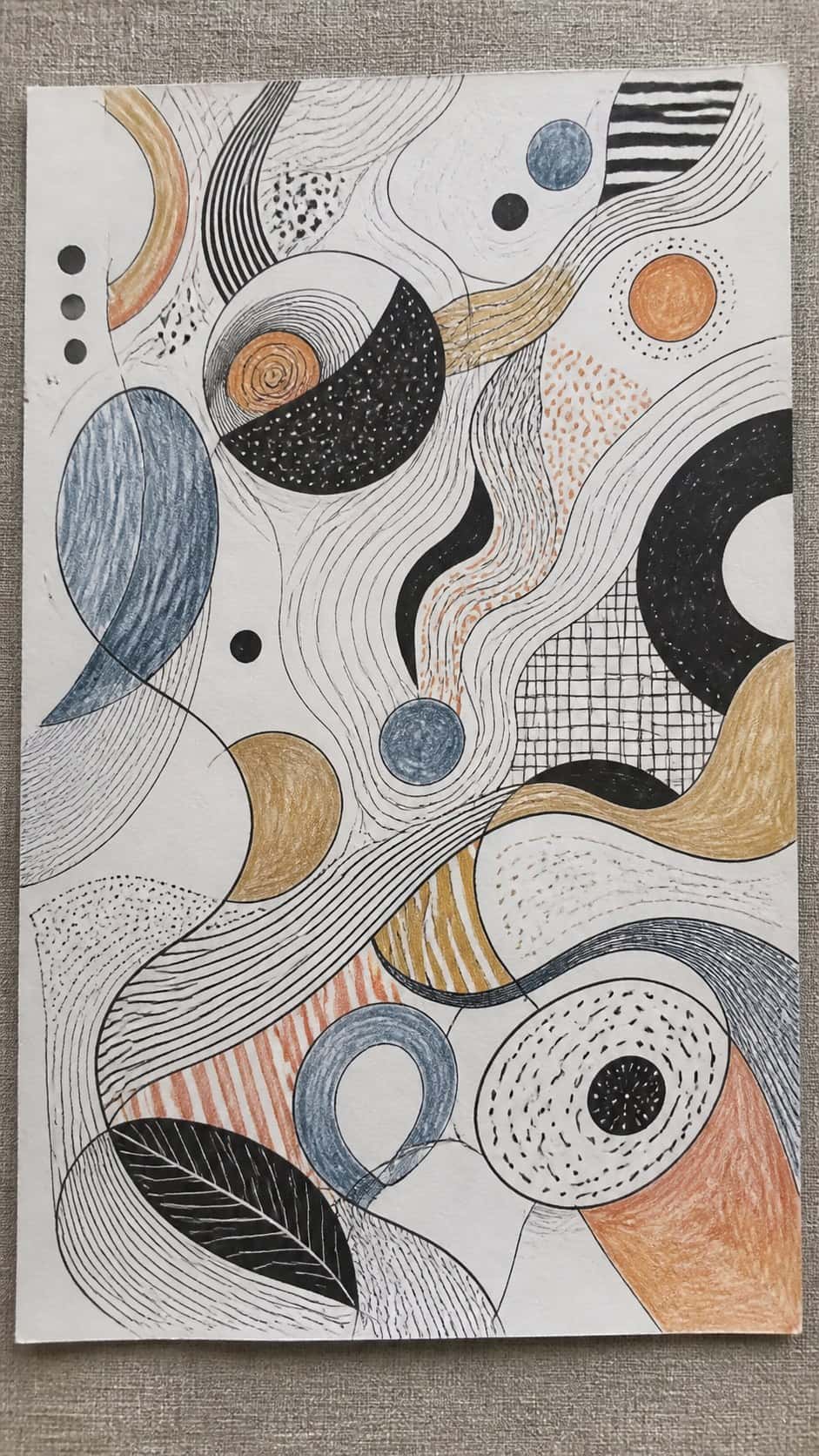 Hand-drawn abstract patterns in ink and colored-pencil drawing on textured paper, shown in a straight overhead view — study 2