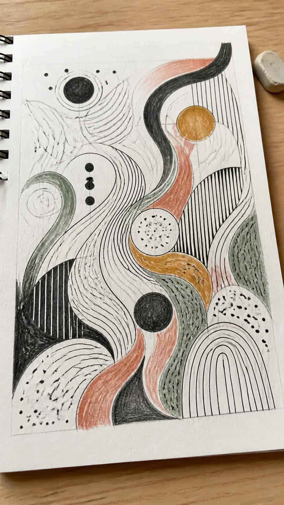 Hand-drawn abstract patterns in ink and colored-pencil drawing on textured paper, shown in a gentle oblique desk view that shows paper — study 3