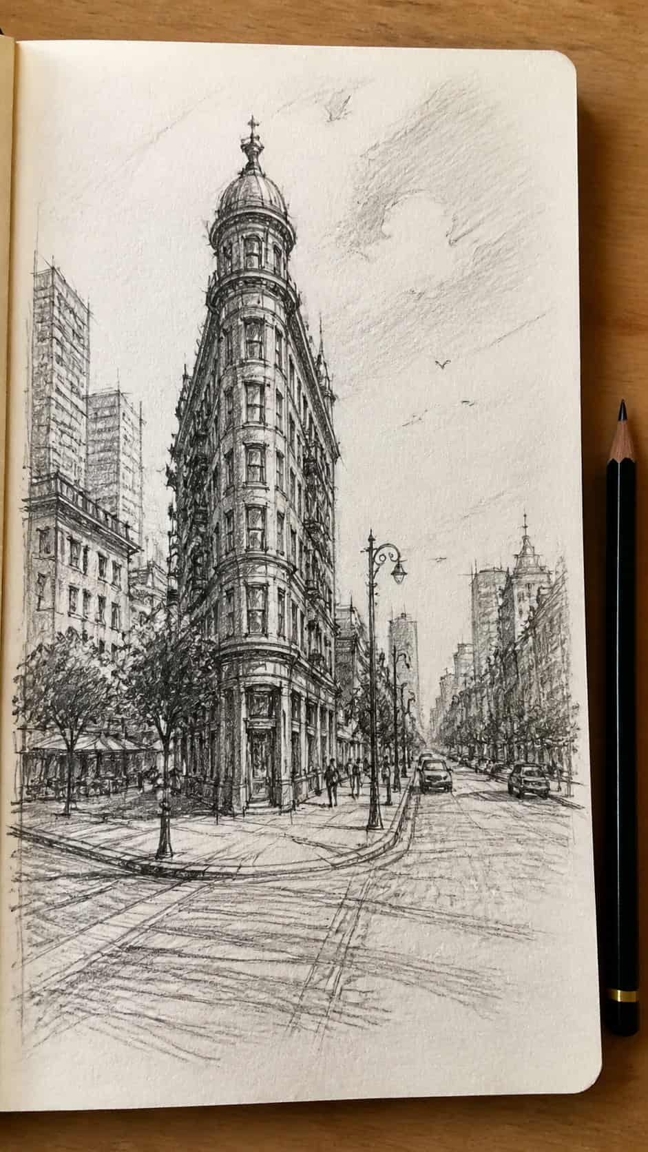 Hand-drawn urban sketches in graphite drawing on textured paper, shown in a slightly off-center overhead composition, like an artist — study 2