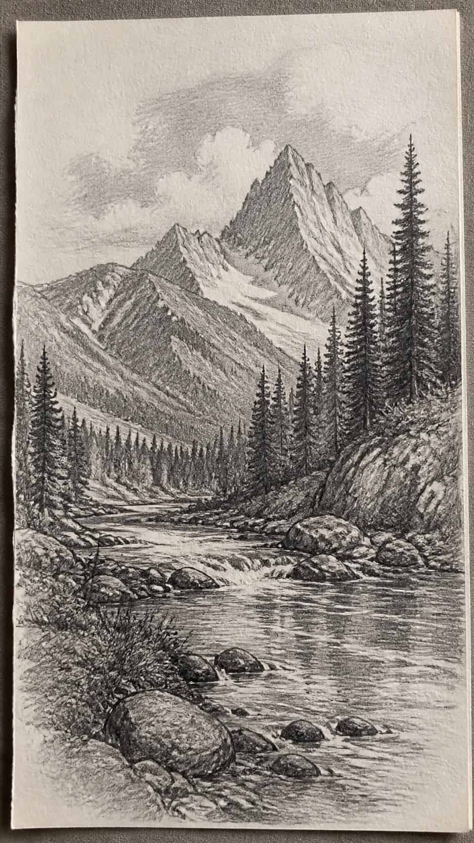 Hand-drawn nature landscapes in graphite drawing on textured paper, shown in a close overhead crop — study 1