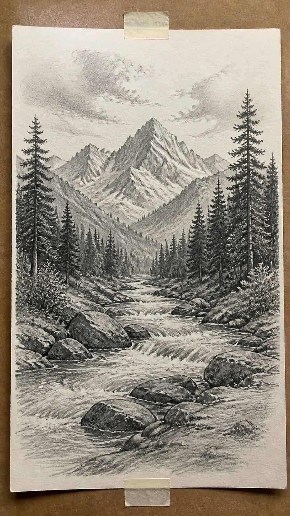 Hand-drawn nature landscapes in graphite drawing on textured paper, shown in a straight overhead view — study 3