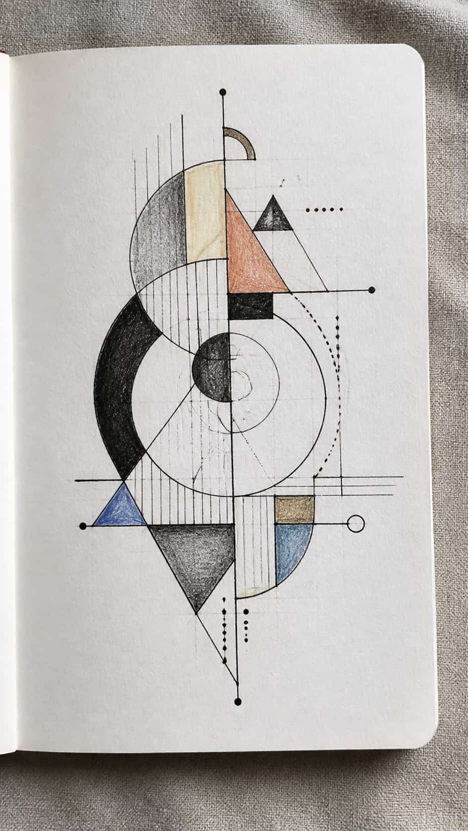 Hand-drawn geometric designs in ink and colored-pencil drawing on textured paper, shown in a slightly off-center overhead composition — study 1