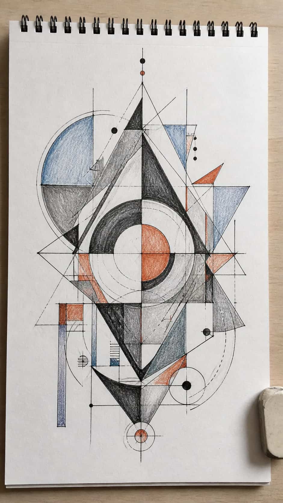 Hand-drawn geometric designs in ink and colored-pencil drawing on textured paper, shown in a straight overhead view — study 2