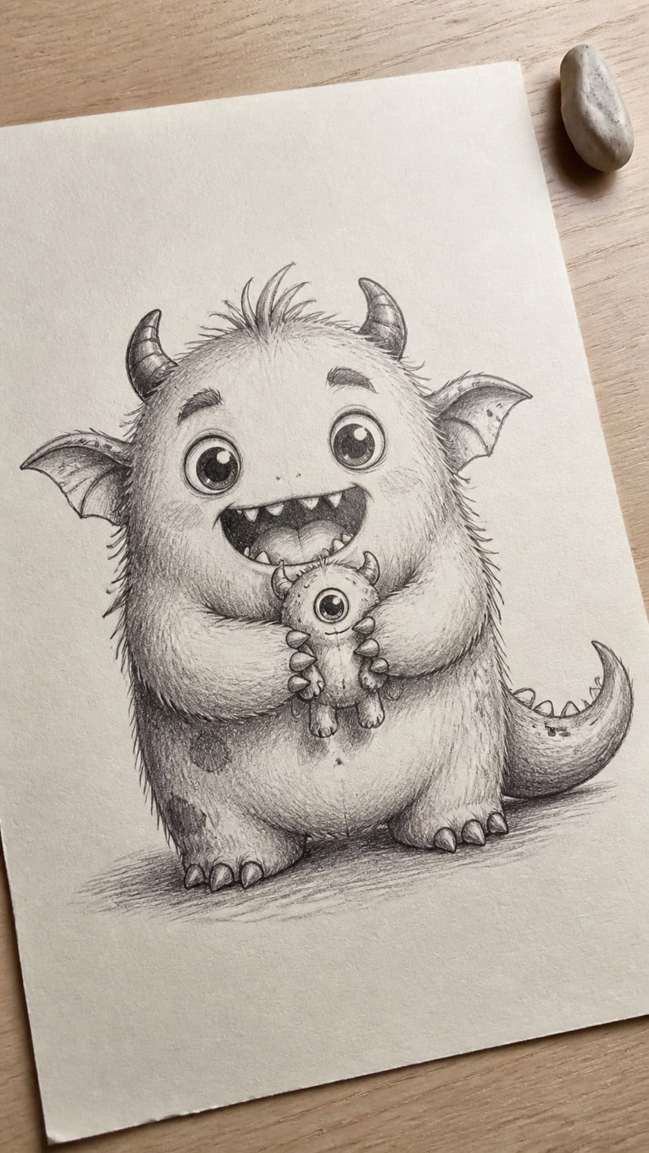 Hand-drawn cute monsters in graphite drawing on textured paper, shown in a slightly off-center overhead composition, like an artist — study 1