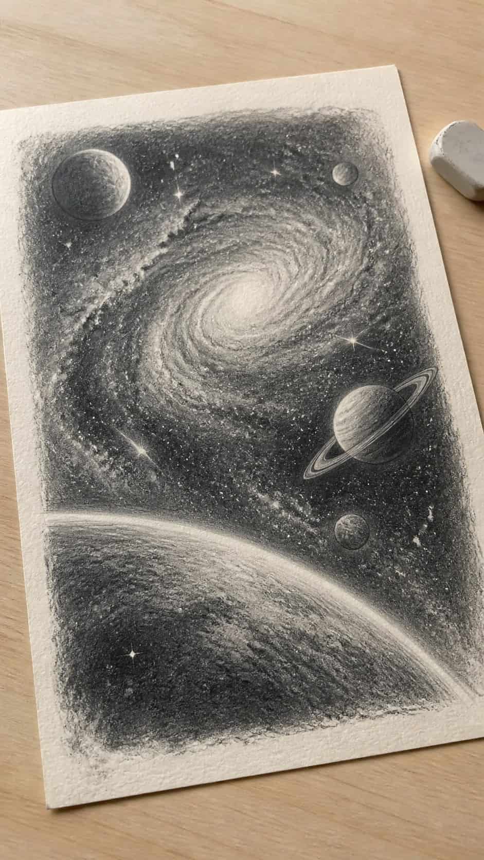 Hand-drawn galactic scenes in graphite drawing on textured paper, shown in a gentle oblique desk view that shows paper tooth and — study 1