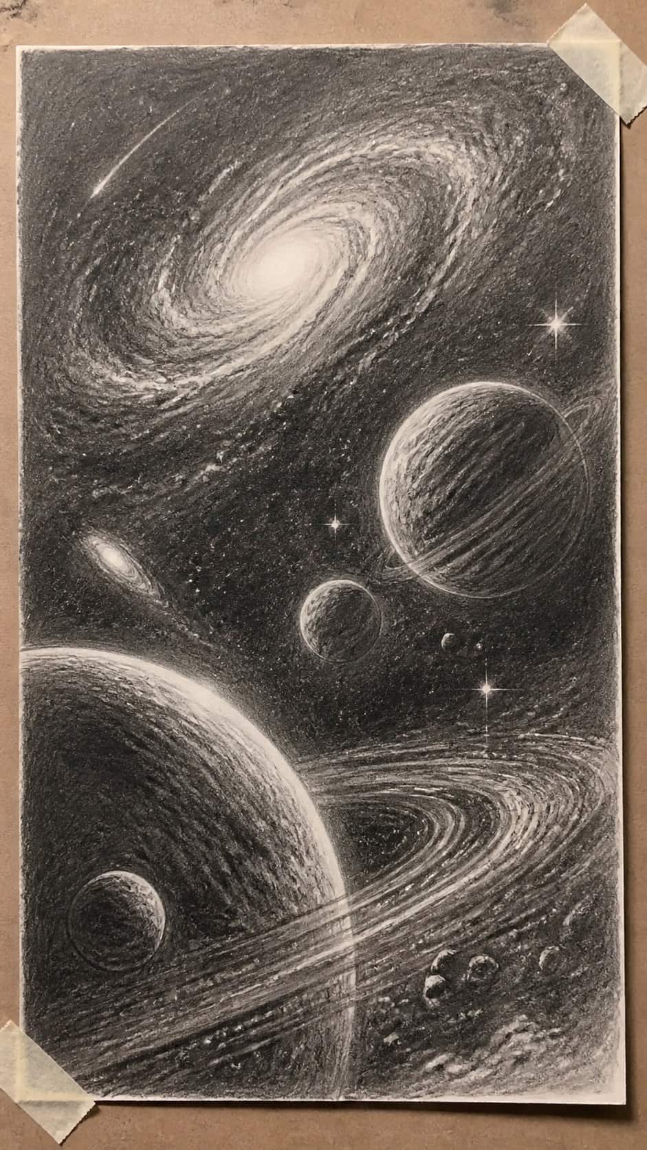 Hand-drawn galactic scenes in graphite drawing on textured paper, shown in a close overhead crop — study 2