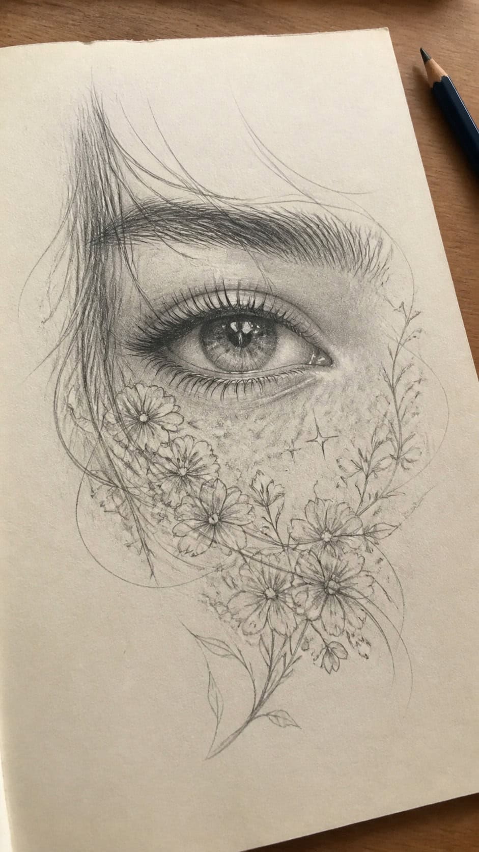 Hand-drawn dreamy eyes in graphite drawing on textured paper, shown in a slightly off-center overhead composition, like an artist — study 2