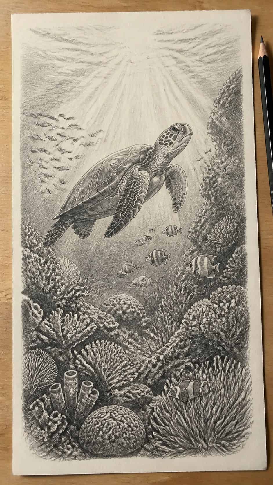 Hand-drawn underwater worlds in graphite drawing on textured paper, shown in a straight overhead view — study 1
