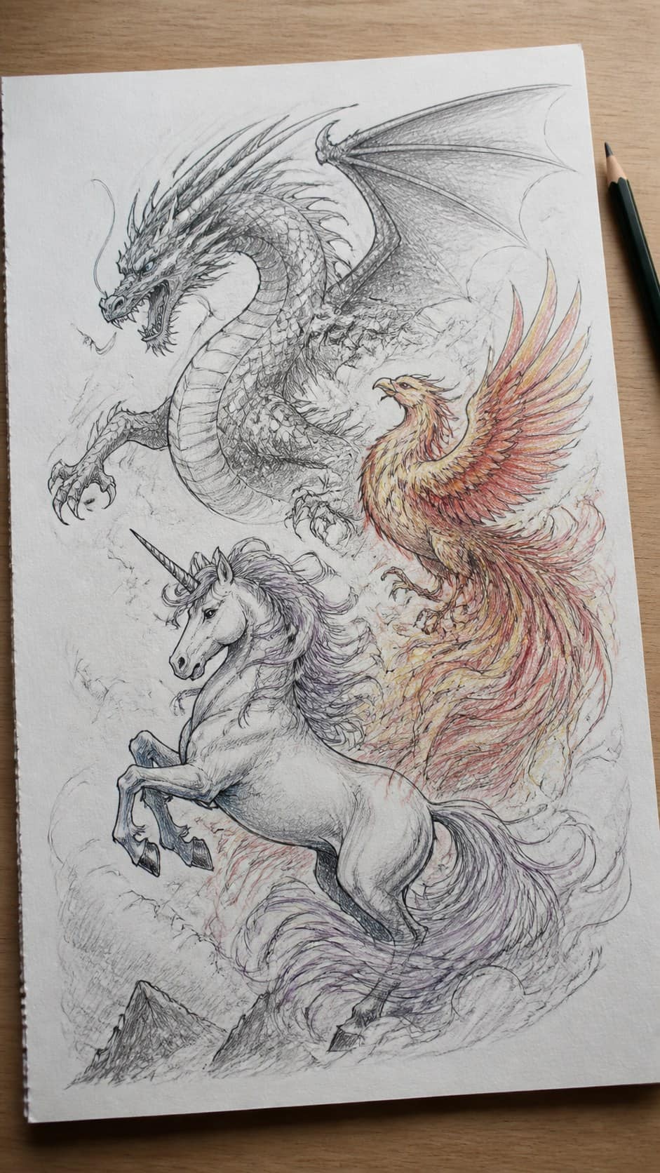 Hand-drawn mythical beasts in ink and colored-pencil drawing on textured paper, shown in a straight overhead view — study 1