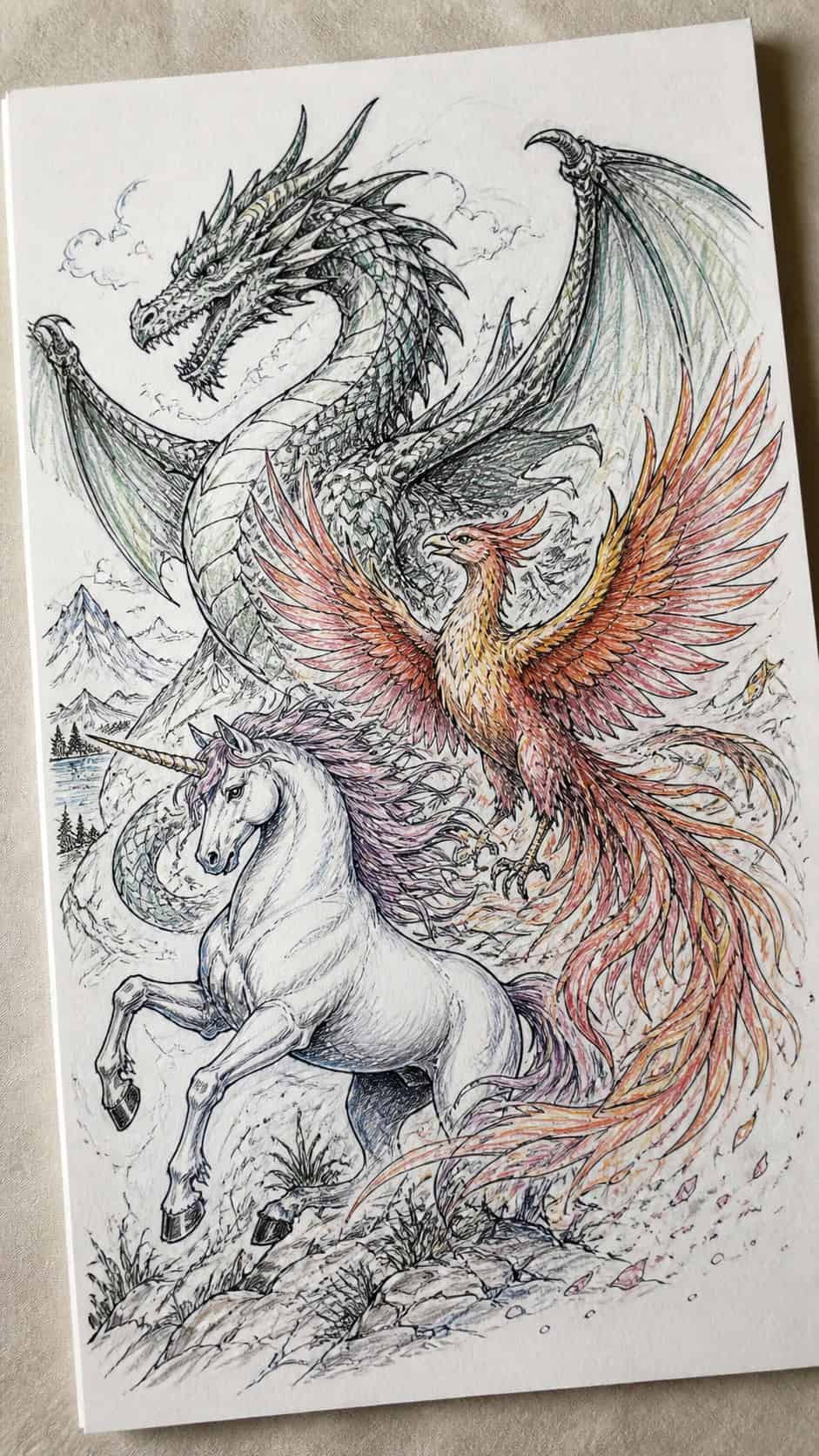 Hand-drawn mythical beasts in ink and colored-pencil drawing on textured paper, shown in a gentle oblique desk view that shows paper — study 2