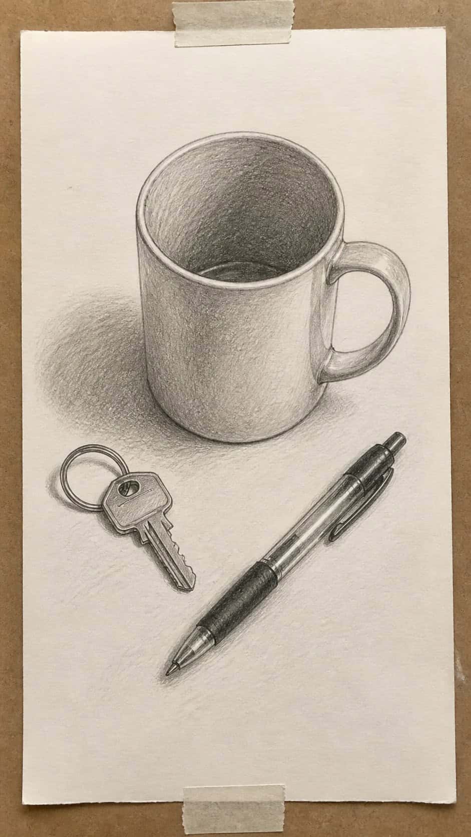 Hand-drawn everyday objects in graphite drawing on textured paper, shown in a straight overhead view — study 2