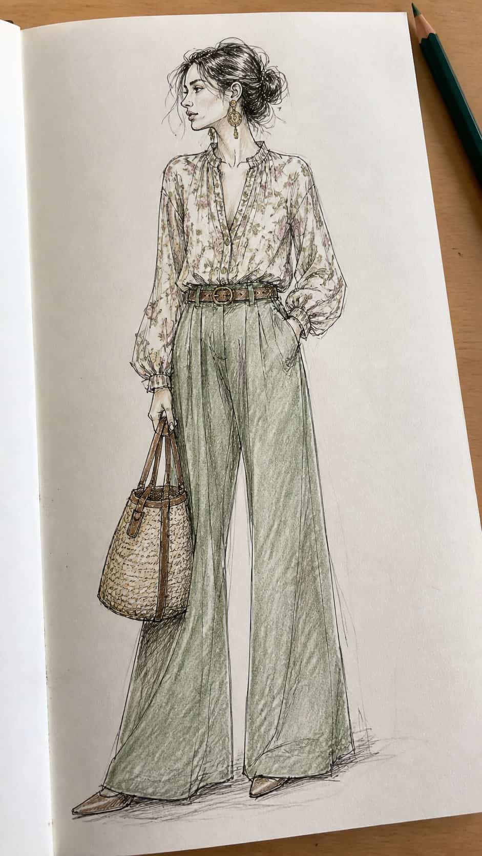 Hand-drawn fashion illustrations in ink and colored-pencil drawing on textured paper, shown in a slightly off-center overhead — study 1