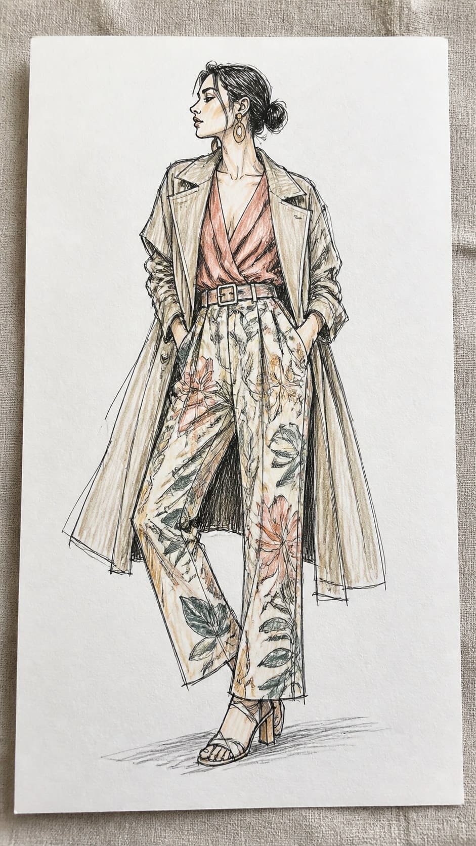 Hand-drawn fashion illustrations in ink and colored-pencil drawing on textured paper, shown in a straight overhead view — study 2