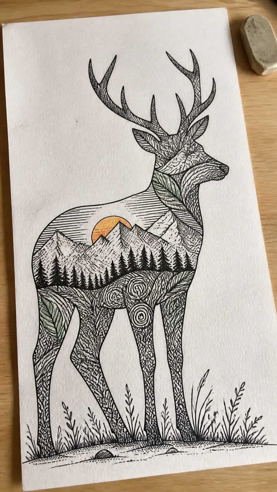 Hand-drawn animal silhouettes in ink and colored-pencil drawing on textured paper, shown in a gentle oblique desk view that shows — study 1