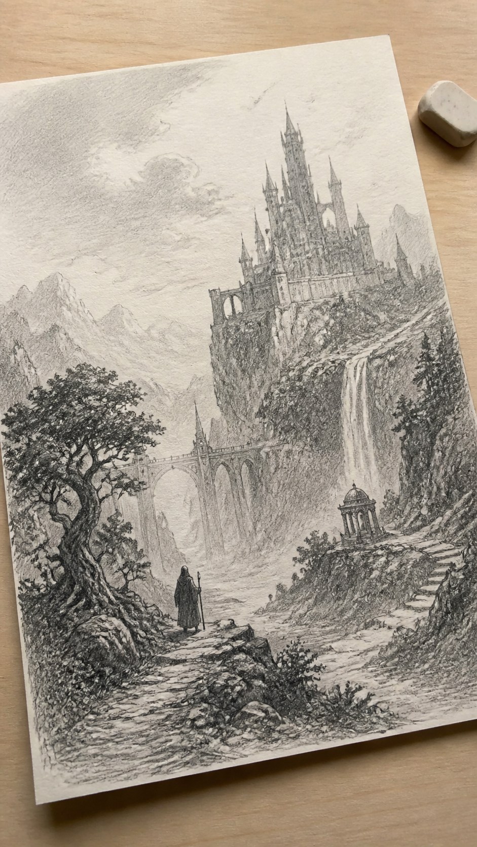 Hand-drawn fantasy landscapes in graphite drawing on textured paper, shown in a gentle oblique desk view that shows paper tooth and — study 1