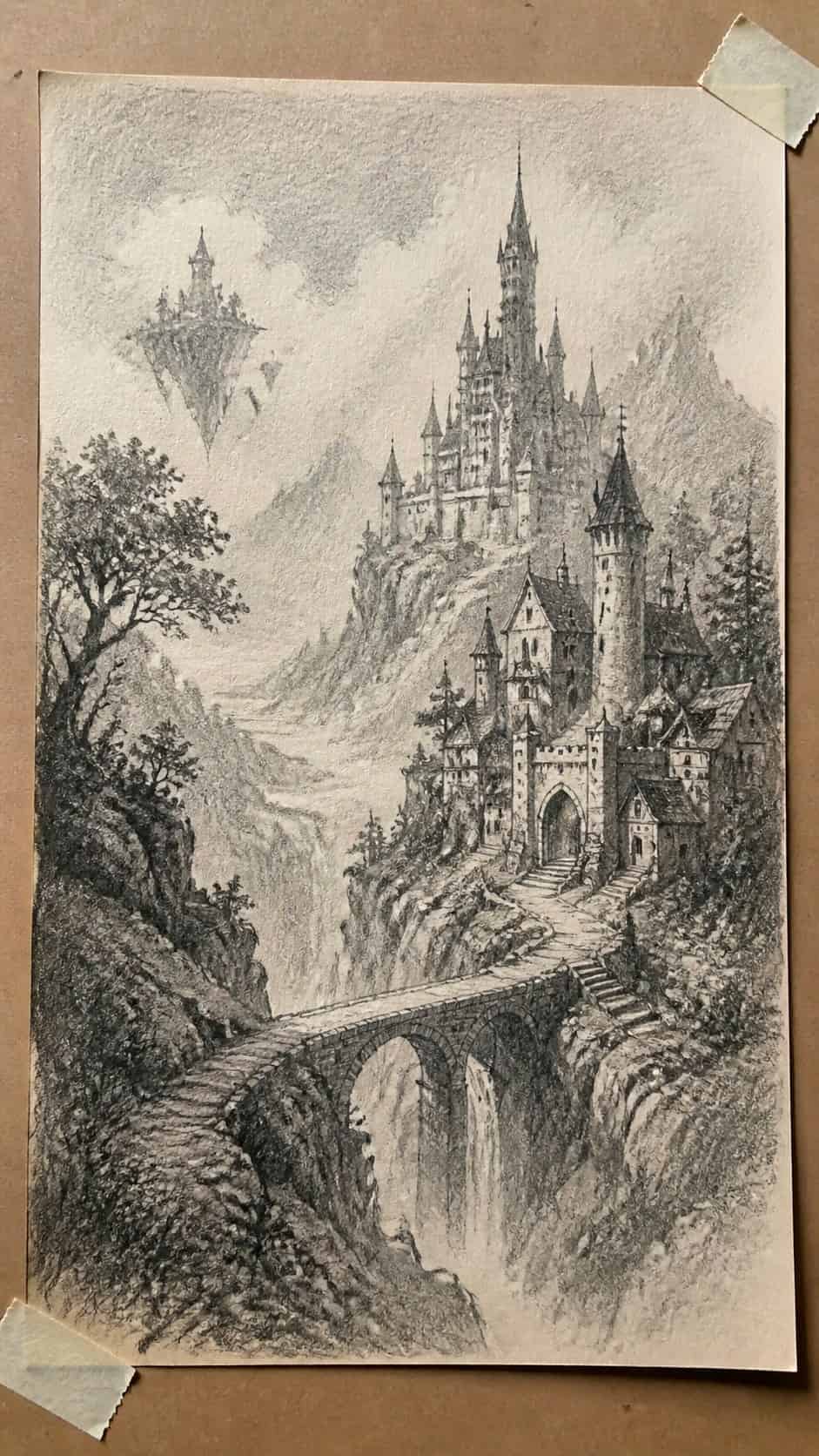Hand-drawn fantasy landscapes in graphite drawing on textured paper, shown in a close overhead crop — study 2