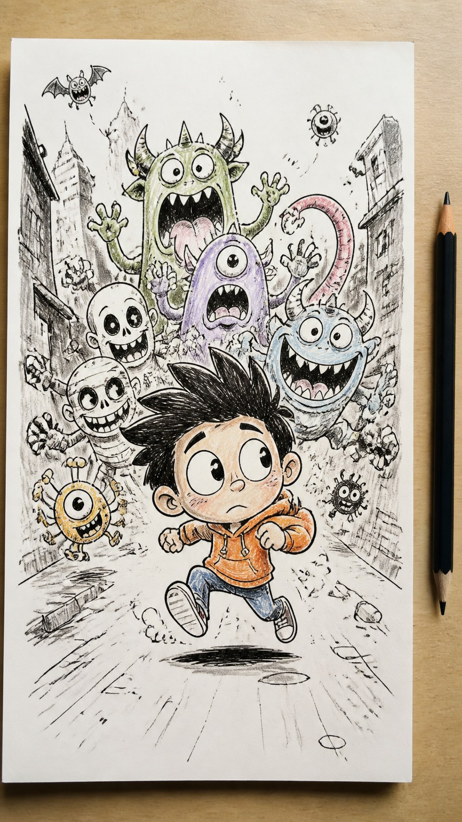 Hand-drawn cartoon characters in ink and colored-pencil drawing on textured paper, shown in a straight overhead view — study 2