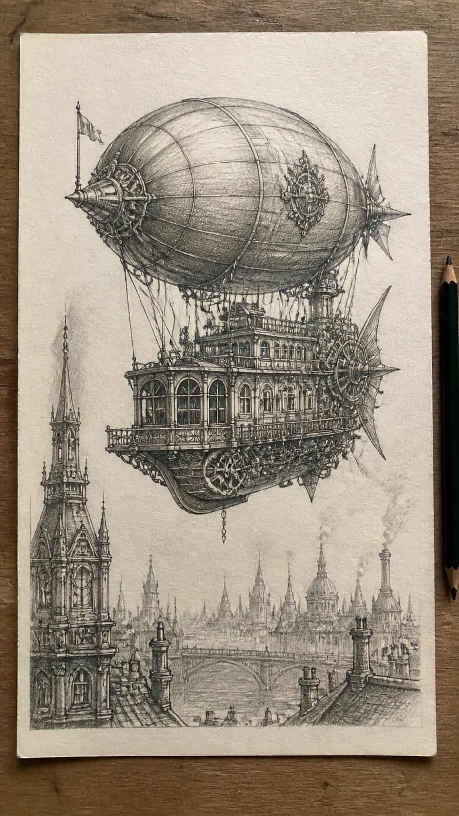Hand-drawn steampunk designs in graphite drawing on textured paper, shown in a straight overhead view — study 1