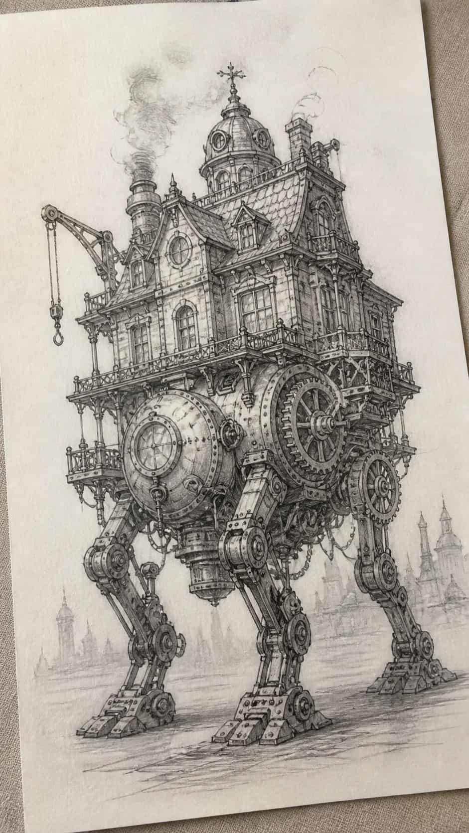 Hand-drawn steampunk designs in graphite drawing on textured paper, shown in a gentle oblique desk view that shows paper tooth and — study 2
