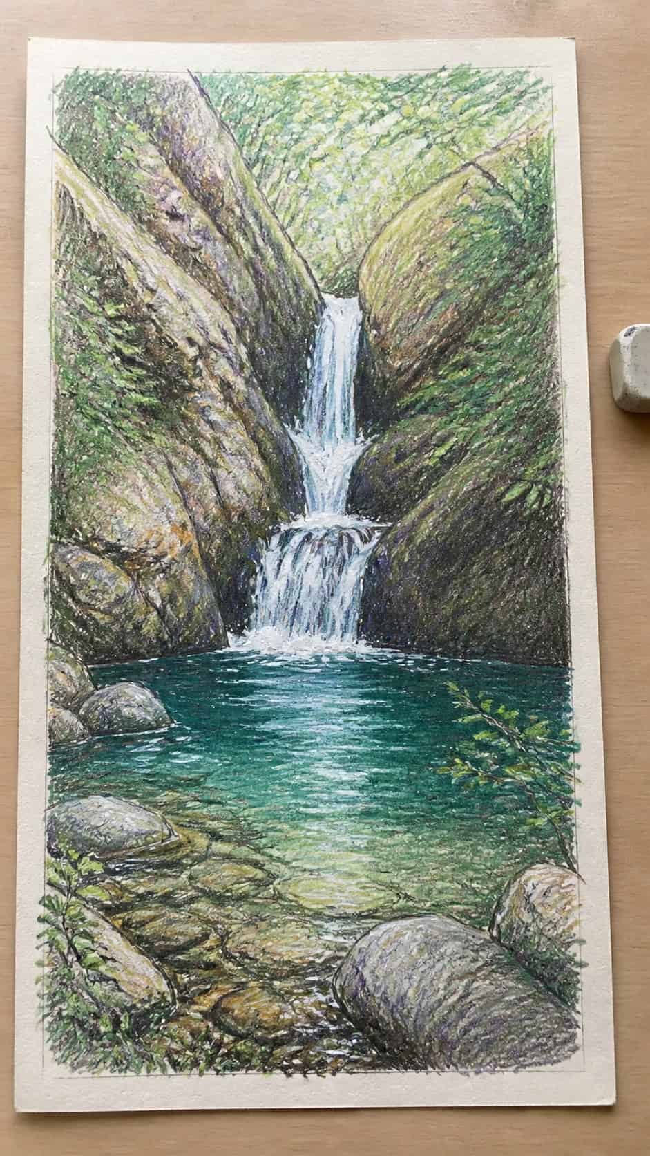 Hand-drawn hidden waterfall in colored-pencil and gouache drawing on textured paper, shown in a straight overhead view — study 3