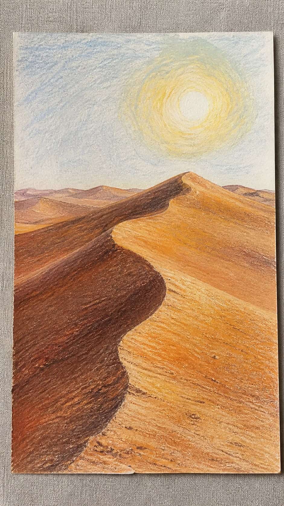 Hand-drawn desert dunes in colored-pencil and gouache drawing on textured paper, shown in a straight overhead view — study 1