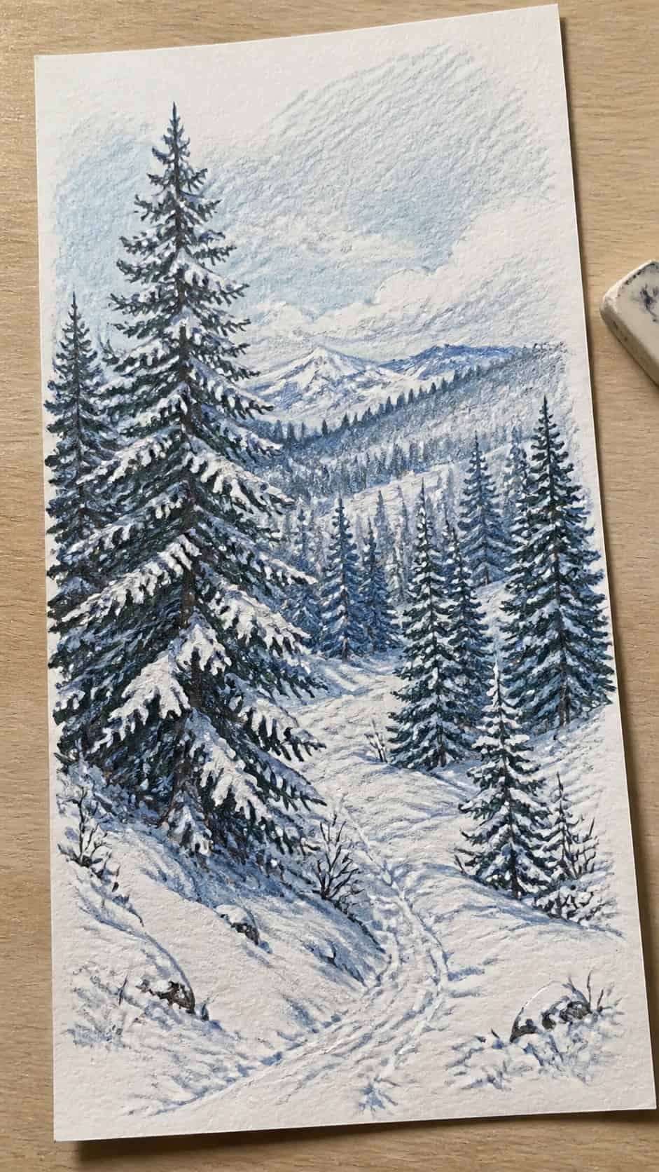 Hand-drawn snow-covered pine forest in colored-pencil and gouache drawing on textured paper, shown in a slightly off-center overhead — study 2