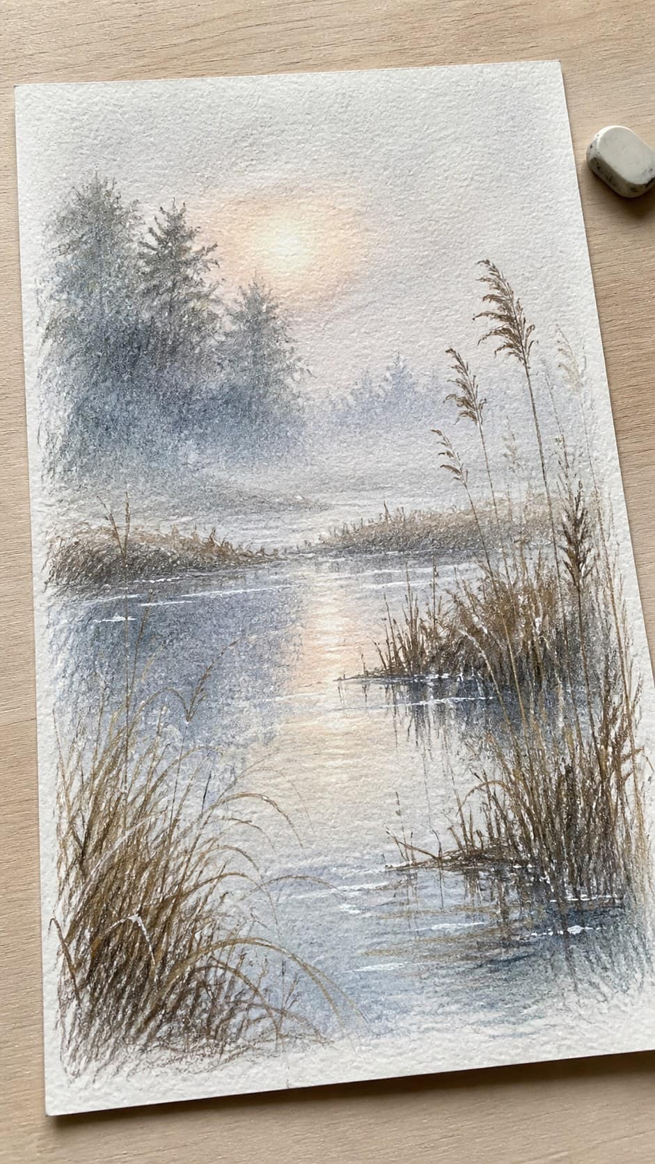 Hand-drawn misty morning marsh in colored-pencil and gouache drawing on textured paper, shown in a gentle oblique desk view that shows — study 1