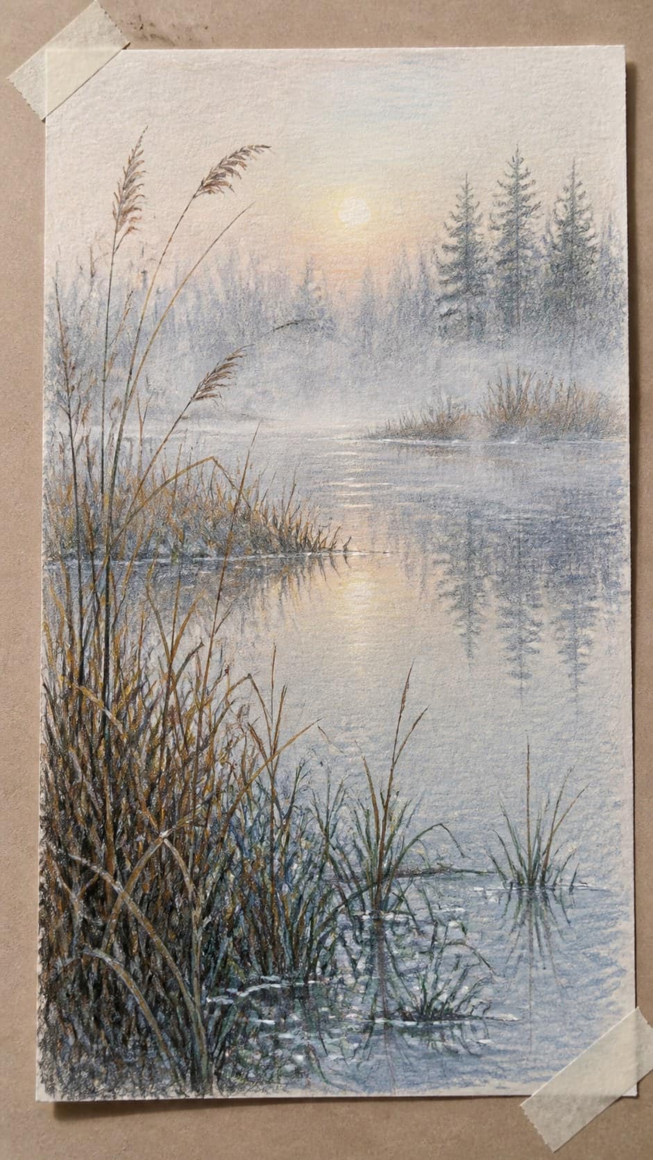 Hand-drawn misty morning marsh in colored-pencil and gouache drawing on textured paper, shown in a close overhead crop — study 2