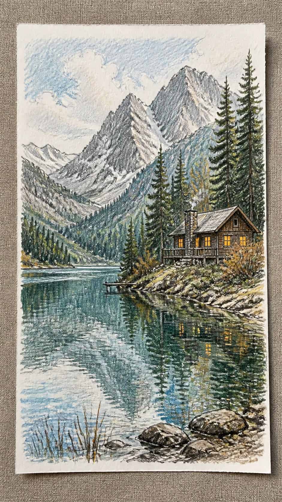 Hand-drawn mountain lake cabin in colored-pencil and gouache drawing on textured paper, shown in a straight overhead view — study 1