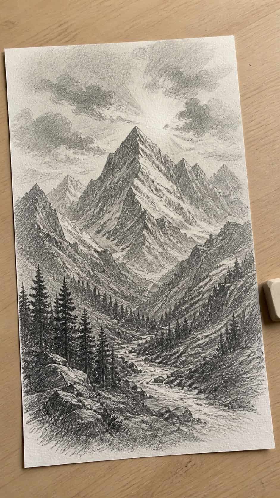 17 Nature Drawing Concepts to Inspire Your Next Sketch 5 Hand-drawn majestic mountain range in graphite drawing on textured paper, shown in a gentle oblique desk view that shows paper tooth — study 2