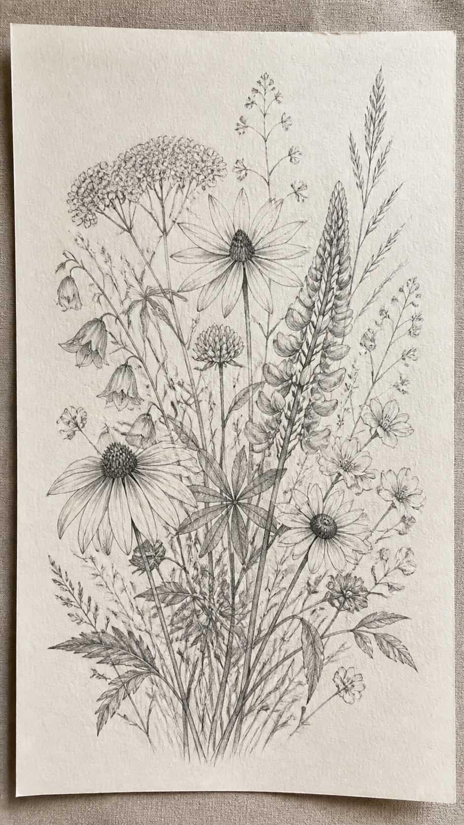 17 Nature Drawing Concepts to Inspire Your Next Sketch 7 Hand-drawn blooming wildflowers in graphite drawing on textured paper, shown in a slightly off-center overhead composition, like an — study 1