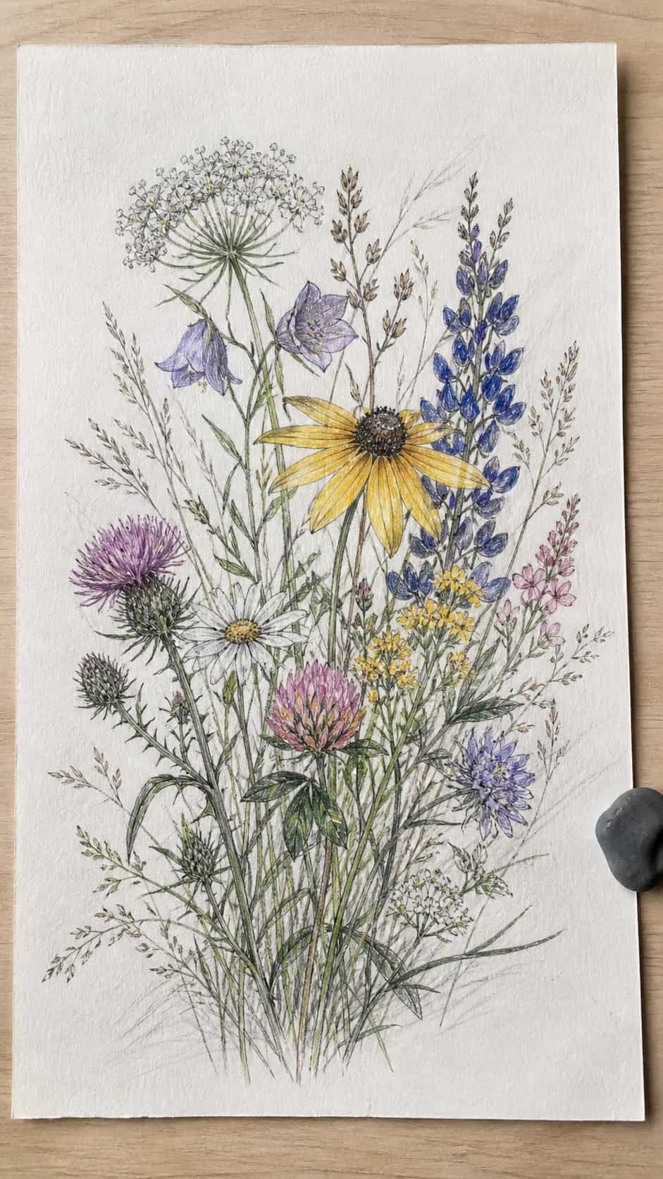 17 Nature Drawing Concepts to Inspire Your Next Sketch 8 Hand-drawn blooming wildflowers in graphite drawing on textured paper, shown in a straight overhead view — study 2