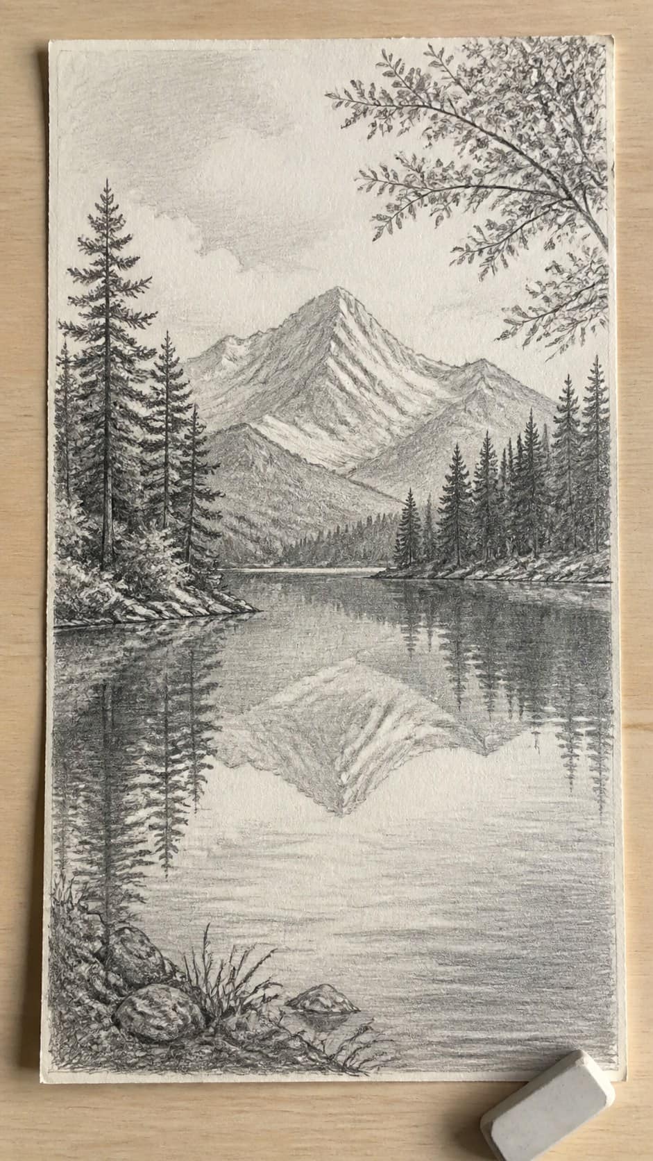 17 Nature Drawing Concepts to Inspire Your Next Sketch 9 Hand-drawn tranquil lake reflection in graphite drawing on textured paper, shown in a straight overhead view — study 1