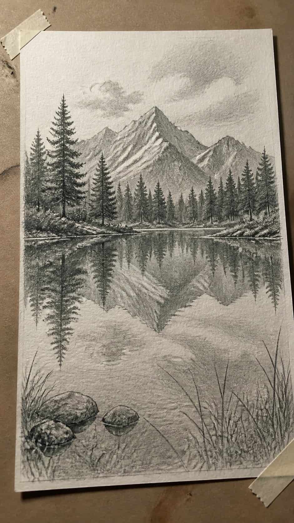 17 Nature Drawing Concepts to Inspire Your Next Sketch 10 Hand-drawn tranquil lake reflection in graphite drawing on textured paper, shown in a gentle oblique desk view that shows paper tooth — study 2