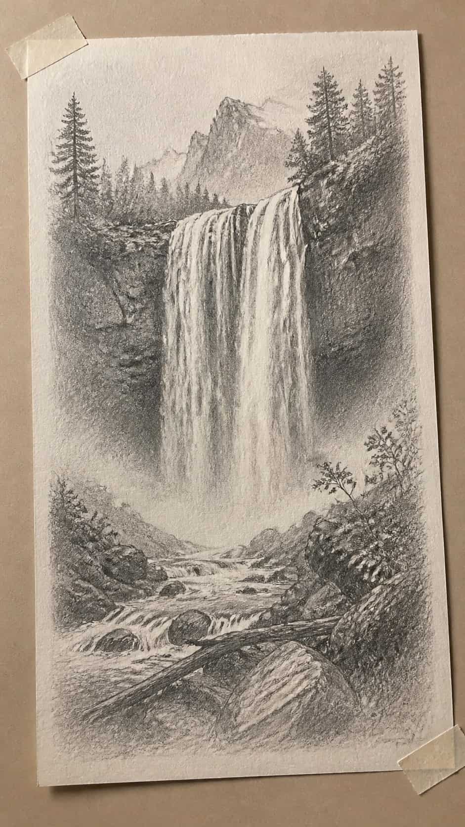 17 Nature Drawing Concepts to Inspire Your Next Sketch 11 Hand-drawn enchanting waterfall in graphite drawing on textured paper, shown in a gentle oblique desk view that shows paper tooth and — study 1