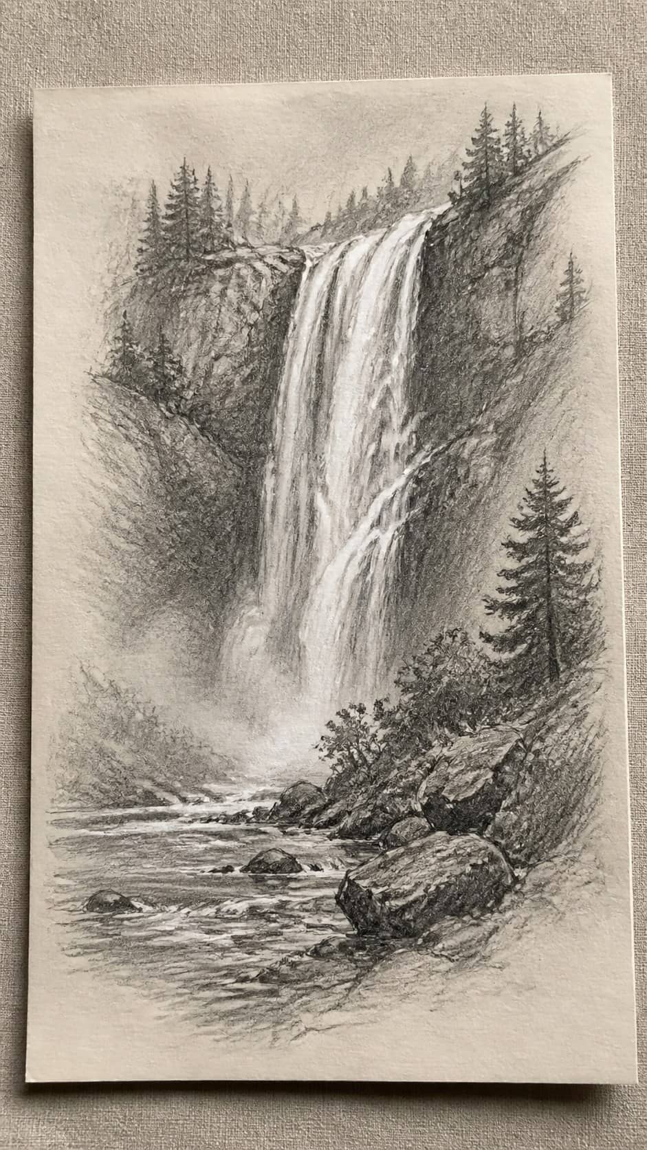 17 Nature Drawing Concepts to Inspire Your Next Sketch 13 Hand-drawn enchanting waterfall in graphite drawing on textured paper, shown in a slightly off-center overhead composition, like an — study 3