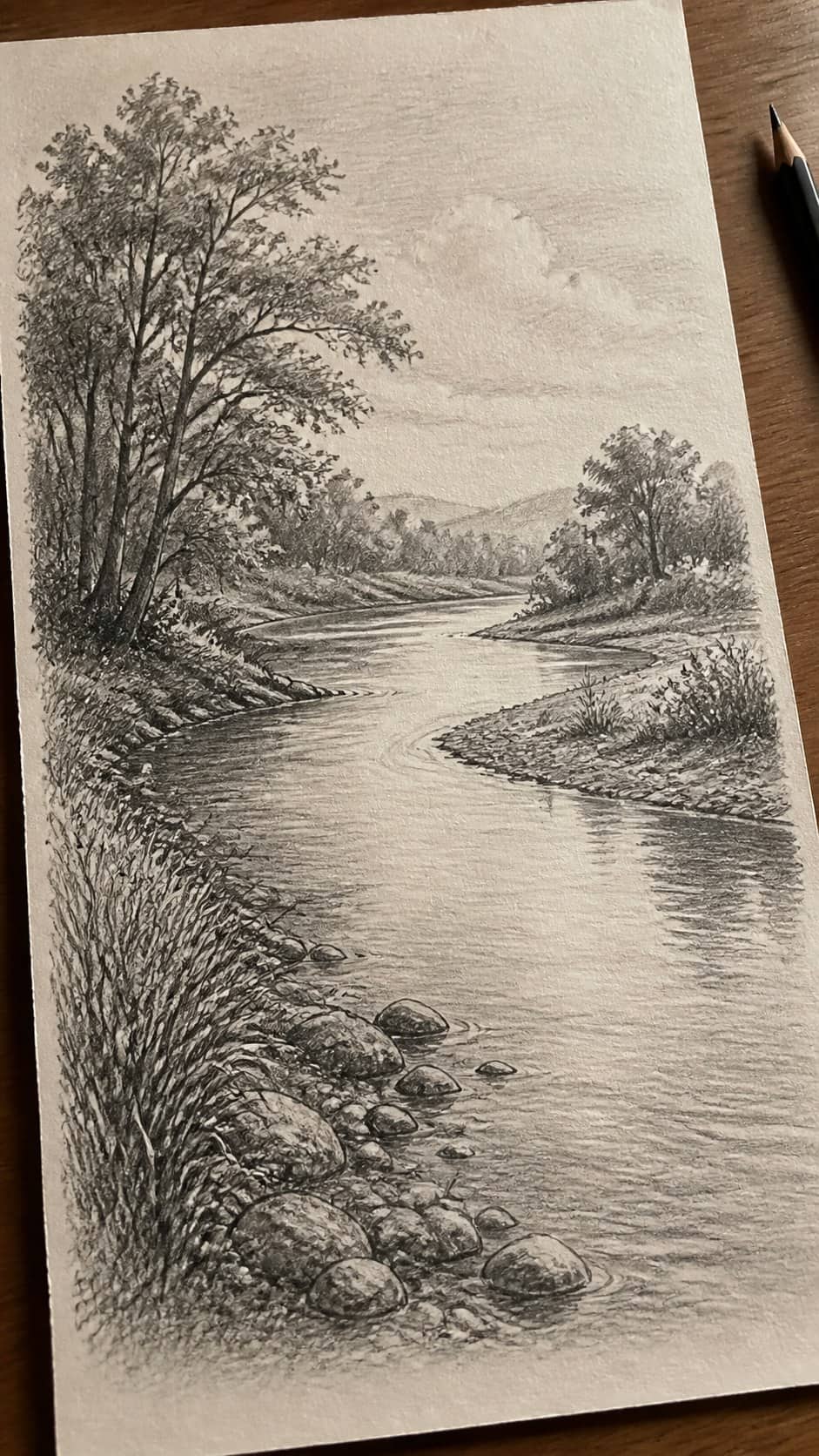 17 Nature Drawing Concepts to Inspire Your Next Sketch 18 Hand-drawn gentle river bend in graphite drawing on textured paper, shown in a gentle oblique desk view that shows paper tooth and — study 2
