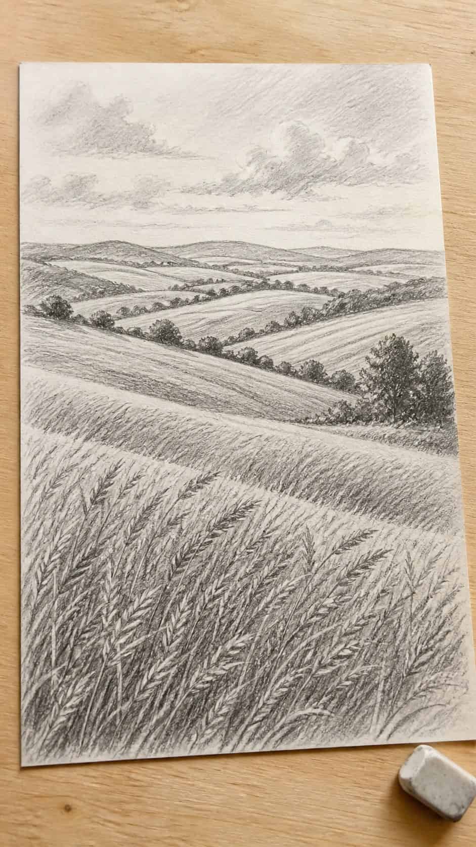 17 Nature Drawing Concepts to Inspire Your Next Sketch 23 Hand-drawn rolling fields in graphite drawing on textured paper, shown in a slightly off-center overhead composition, like an artist — study 1