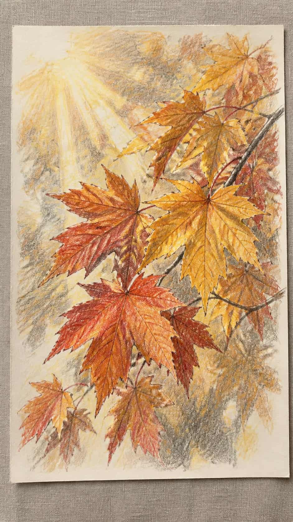 17 Nature Drawing Concepts to Inspire Your Next Sketch 28 Hand-drawn autumn leaves in graphite drawing on textured paper, shown in a straight overhead view — study 1