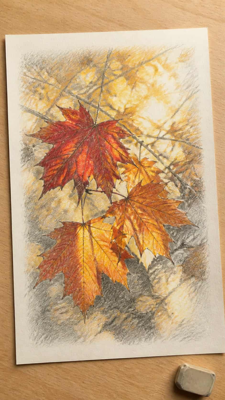17 Nature Drawing Concepts to Inspire Your Next Sketch 29 Hand-drawn autumn leaves in graphite drawing on textured paper, shown in a gentle oblique desk view that shows paper tooth and shallow — study 2