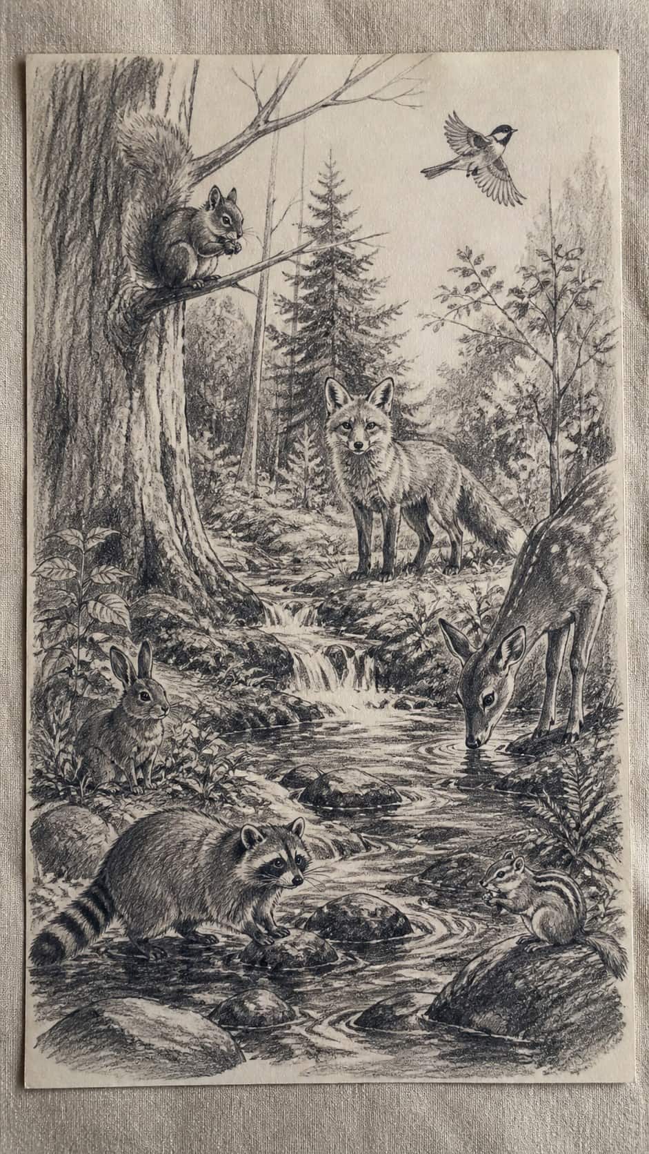 17 Nature Drawing Concepts to Inspire Your Next Sketch 31 Hand-drawn forest wildlife in graphite drawing on textured paper, shown in a close overhead crop — study 2