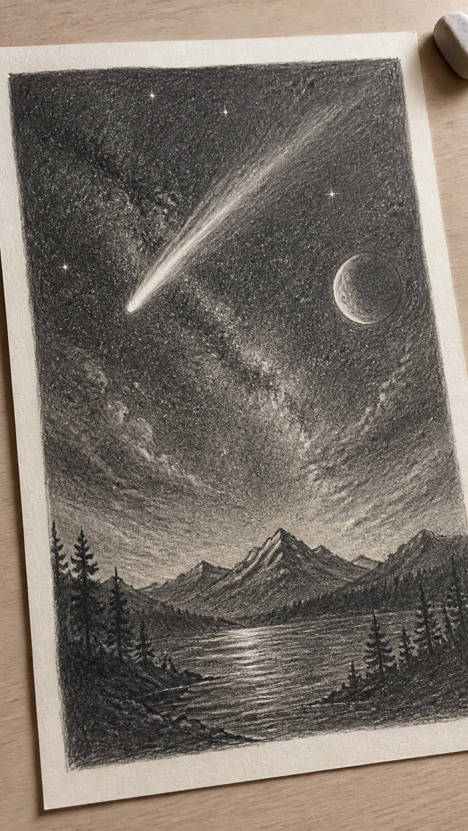 17 Nature Drawing Concepts to Inspire Your Next Sketch 35 Hand-drawn night sky in graphite drawing on textured paper, shown in a gentle oblique desk view that shows paper tooth and shallow — study 3