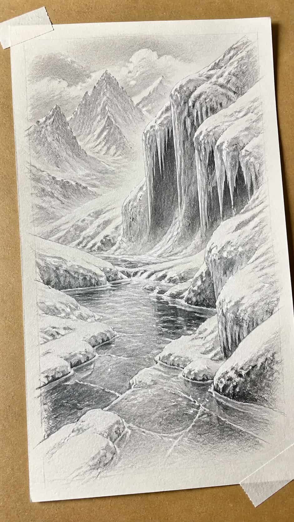 17 Nature Drawing Concepts to Inspire Your Next Sketch 36 Hand-drawn icy wonderland in graphite drawing on textured paper, shown in a slightly off-center overhead composition, like an artist — study 1